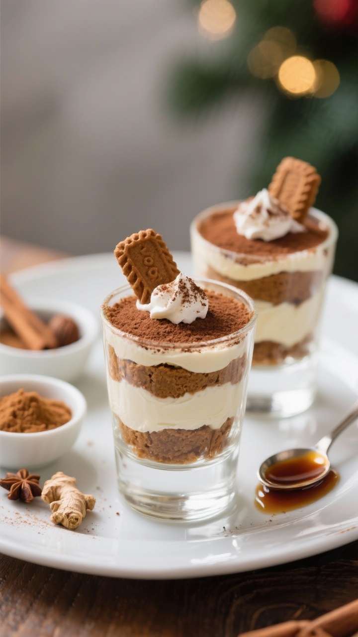 Straight-on plated presentation of gingerbread tiramisu cups in clear glass tumblers: defined layers of mascarpone-cream cheese mixture, molasses-kissed gingerbread cookie layer, dusting of cinnamon and nutmeg on top; garnish with a tiny dollop of cream and a ginger snap shard; show small bowls of ground ginger, cinnamon, and nutmeg nearby, plus a drizzle of molasses on a spoon; elegant yet unfussy styling, soft festive bokeh in background.