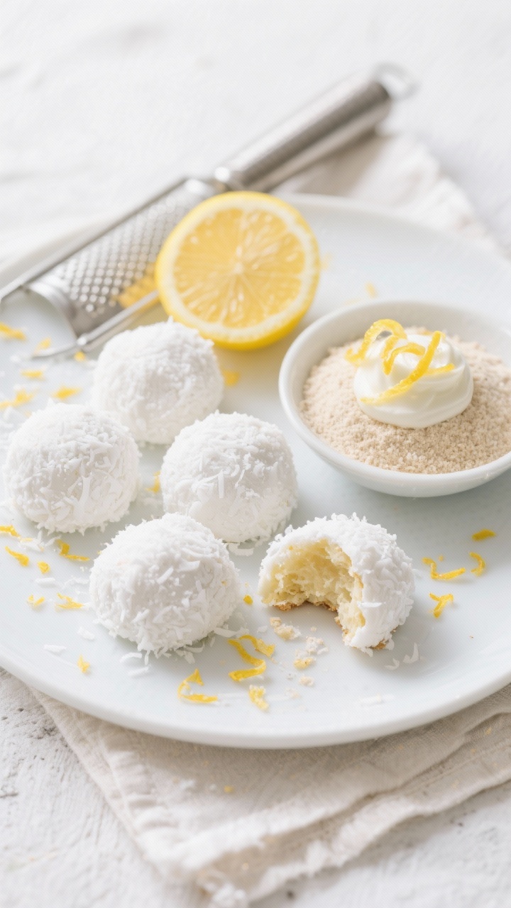 Straight-on plated presentation of lemon coconut snowball cookies: snowy-white rounds rolled in unsweetened shredded coconut, with a bright, sunny vibe; a zesting microplane and a lemon with curls of zest, coconut cream dollop in a small bowl, almond flour in a mound; one cookie broken open to show tender interior; clean white plate on pale linen, fresh lemon zest sprinkled like confetti; airy, high-key lighting.