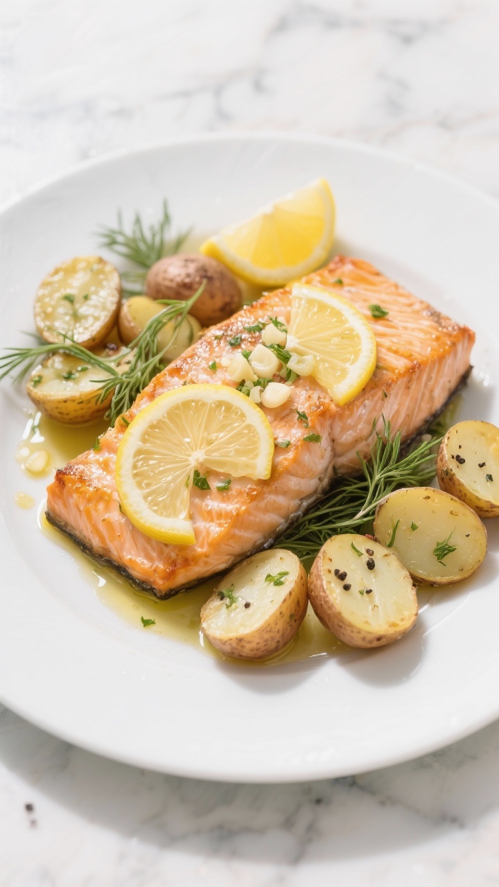 Straight-on plated presentation of lemon-garlic salmon with herbed potatoes: a generous salmon fillet baked with thin lemon slices and minced garlic, flaked slightly at the edges, alongside baby potatoes halved and tossed in olive oil, kosher salt, black pepper, and dried dill/Italian seasoning. Bright, sunlit vibe with citrusy freshness; garnished with extra lemon slices and dill fronds on a white plate over a light marble surface.
