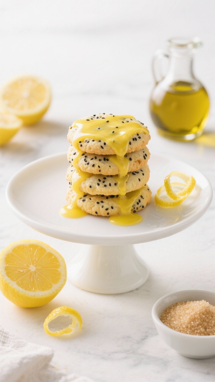 Straight-on plated presentation of lemon poppy seed olive oil cookies stacked on a white pedestal plate, drizzled with a glossy zesty lemon glaze; visible poppy seeds and a sunny yellow tint; props include halved lemons, curls of fresh lemon zest, a small carafe of extra-virgin olive oil, and a bowl of cane sugar; bright, airy light with a fresh, citrusy vibe.