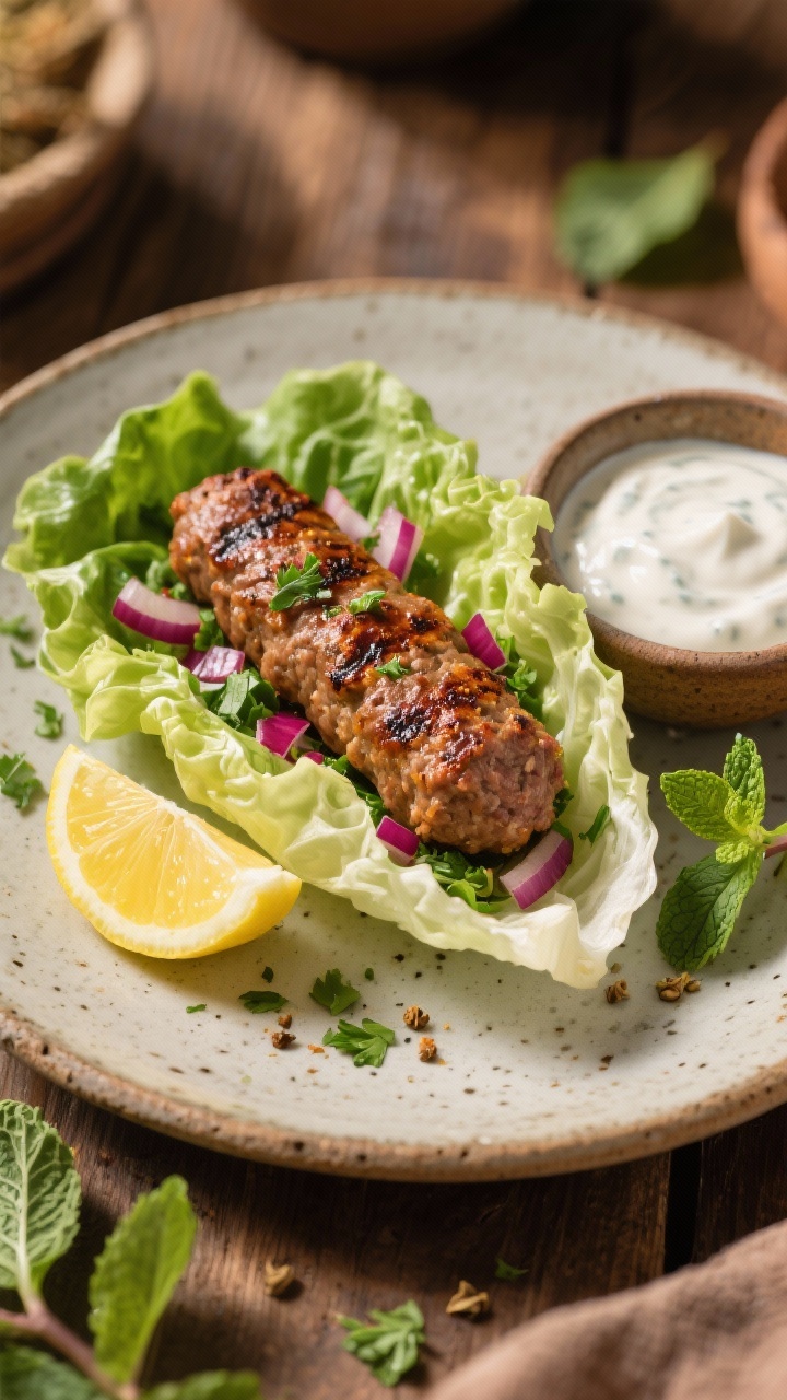 Straight-on plated presentation of Mediterranean beef kofta lettuce wraps: oblong grilled kofta made from lean ground beef mixed with finely chopped red onion, parsley, mint, cumin, coriander, and smoked paprika; nestled in crisp romaine or butter lettuce cups with a side of lemon wedges and a small bowl of tangy yogurt sauce; rustic stoneware plate, warm natural light, scattered fresh parsley and mint leaves.