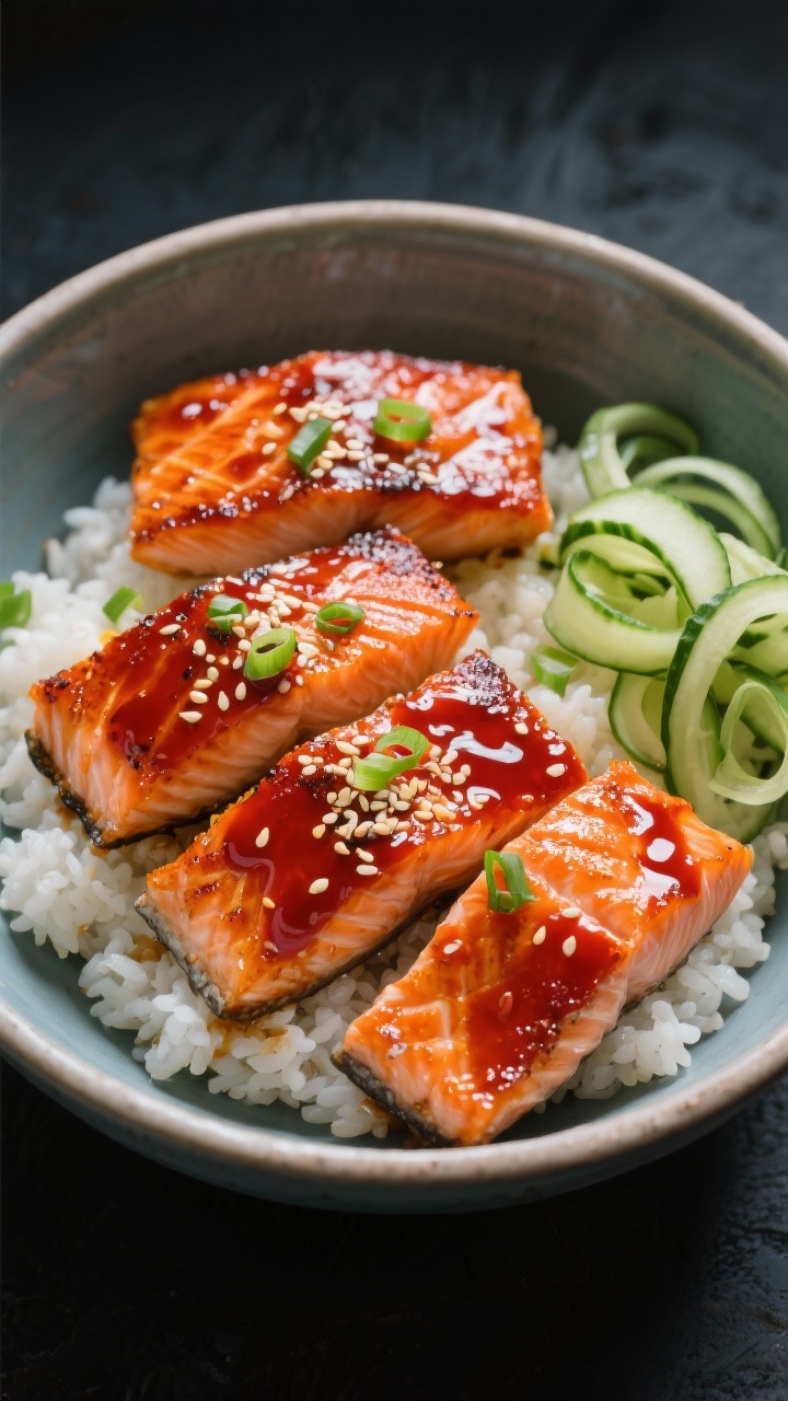 Straight-on plated presentation of saucy gochujang salmon bowls: four seared salmon fillets with crispy skin brushed in a glossy gochujang, soy/tamari, honey, sesame oil, and rice vinegar glaze; served over steaming white rice with thinly sliced scallions and sesame seeds, a side of quick pickled cucumber ribbons; lacquered red-orange glaze catching light, modern ceramic bowls on a minimalist dark surface, vibrant Korean-inspired mood.