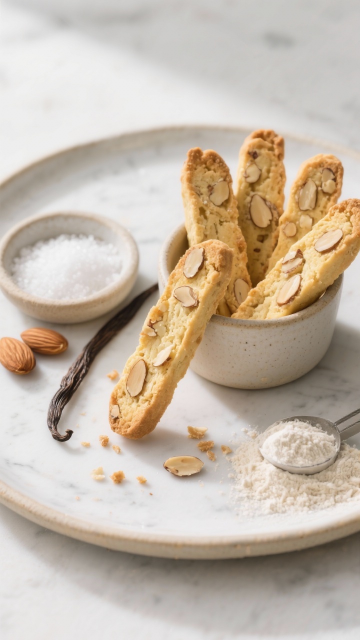 Straight-on plated presentation of slender vanilla almond biscotti, twice-baked and golden, with visible almond flecks and a delicate crackle on top. Arrange several pieces leaning in a low cup with crumbs scattered, alongside a small dish of granulated monk fruit, whole almonds, a vanilla pod, and measured white whole wheat flour and almond flour. Bright, crisp lighting to emphasize the crisp texture; neutral ceramic and marble for a refined, light look.