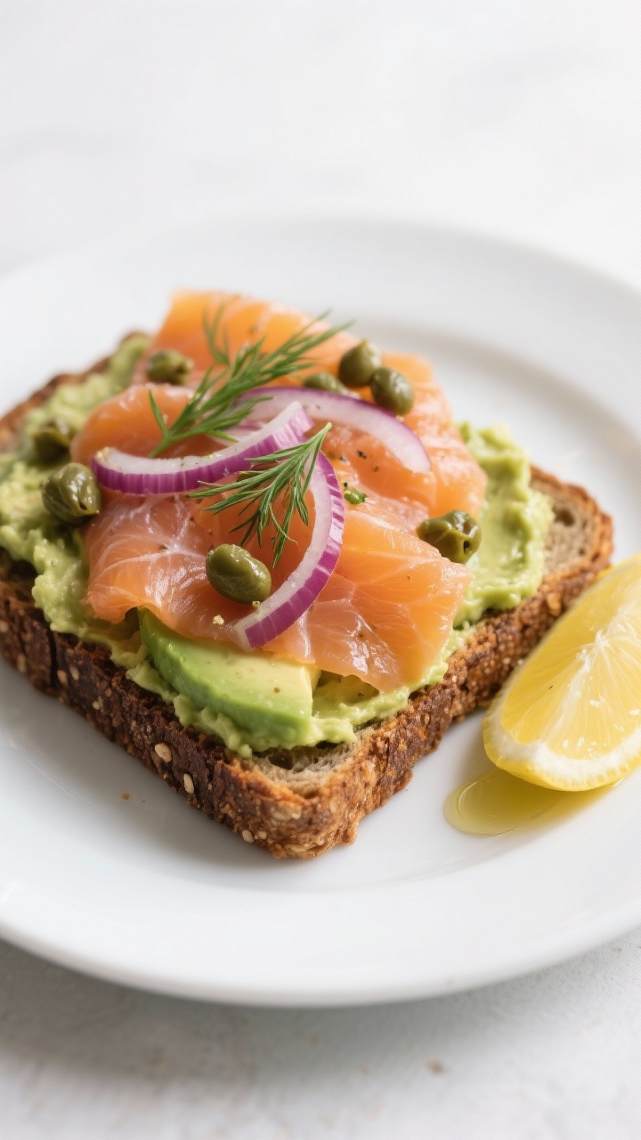 Straight-on plated presentation of Smoked Salmon and Avocado Protein Toast: a toasted slice of hearty whole-grain/rye bread smeared with creamy mashed avocado, layered with silky smoked salmon, dotted with briny capers, thin slices of red onion, and fresh dill fronds; a lemon wedge off to the side, light olive oil sheen; crisp textures and vibrant salmon color against the dark rye, on a white plate with a minimal background.