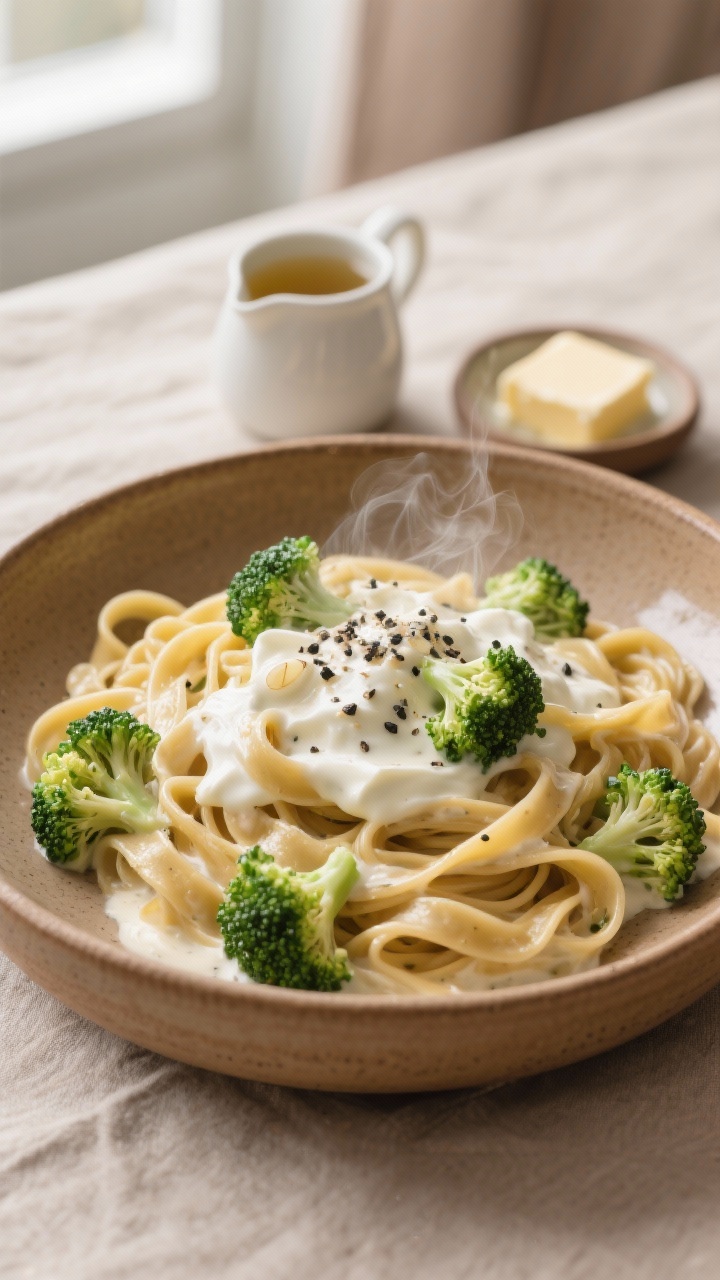 Straight-on plated presentation of whole-wheat fettuccine in a silky Greek yogurt Alfredo sauce, topped with tender green broccoli florets and cracked black pepper; steam gently rising, a hint of garlic and butter gloss on the noodles; served in a warm ceramic bowl with a small pitcher of low-sodium broth and a pat of butter on a side dish; cozy, high-protein comfort vibes, neutral linen backdrop, natural window light.