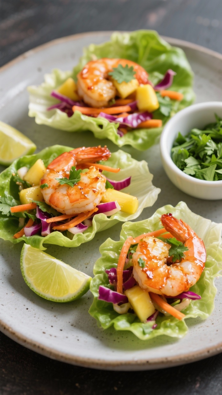 Straight-on plated presentation of Zesty Lime Shrimp Lettuce Wraps: lime-glazed shrimp nestled in butter lettuce cups, topped with a mango slaw of julienned ripe mango, shredded red cabbage, shredded carrots, and fresh cilantro; lime wedges and a small bowl of extra cilantro to the side; glossy, fresh textures and a crisp, tropical color palette on a matte ceramic platter.