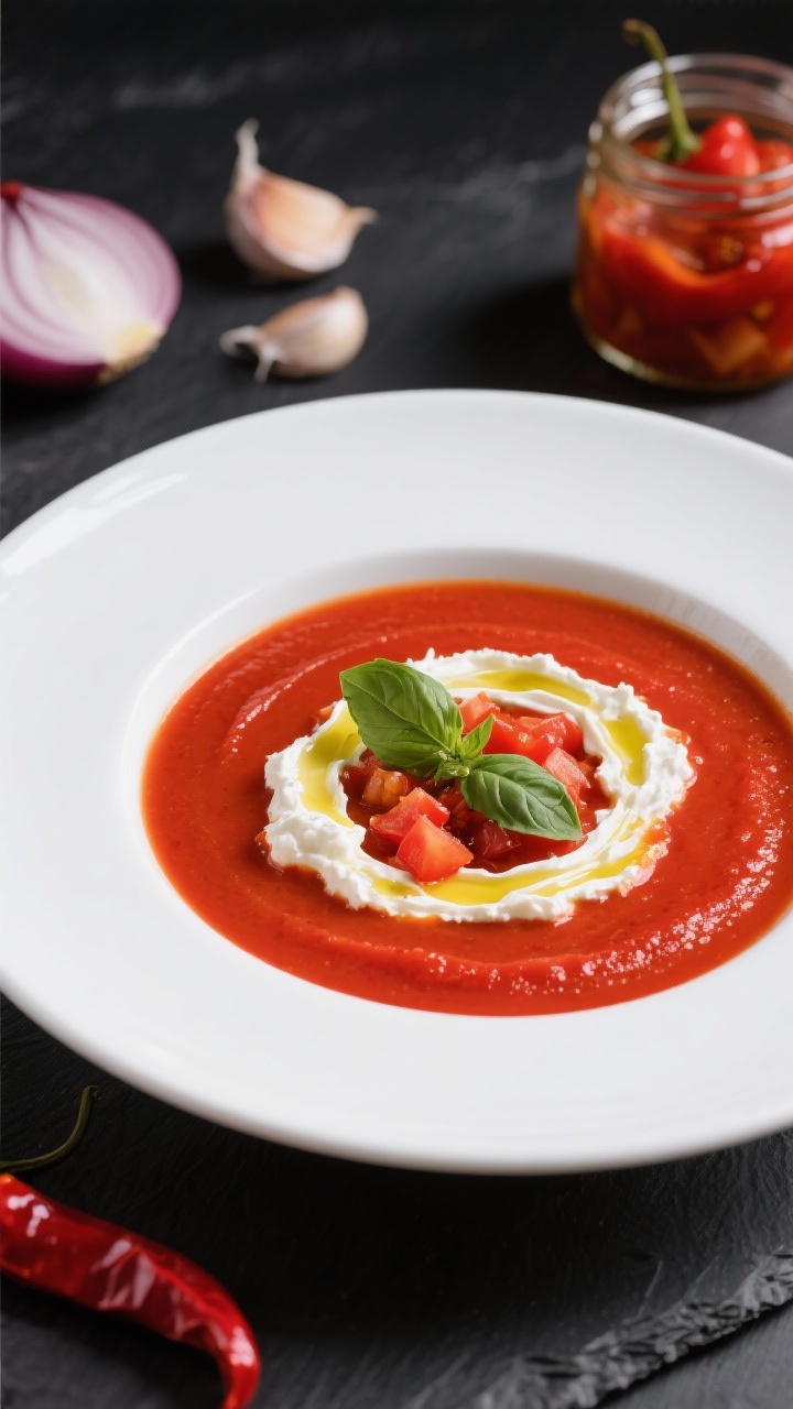 Straight-on plated shot of roasted red pepper and basil soup with a luxurious whipped ricotta swirl: velvety bright-red base made from jarred roasted red peppers and diced tomatoes, finished with vegetable broth; a generous ricotta swirl marbled on top, fresh basil leaves tucked in, and a light olive oil drizzle; served in a wide white bowl against a dark slate backdrop with sliced onion, smashed garlic, and an opened jar of roasted peppers as props; high contrast, glossy finish.