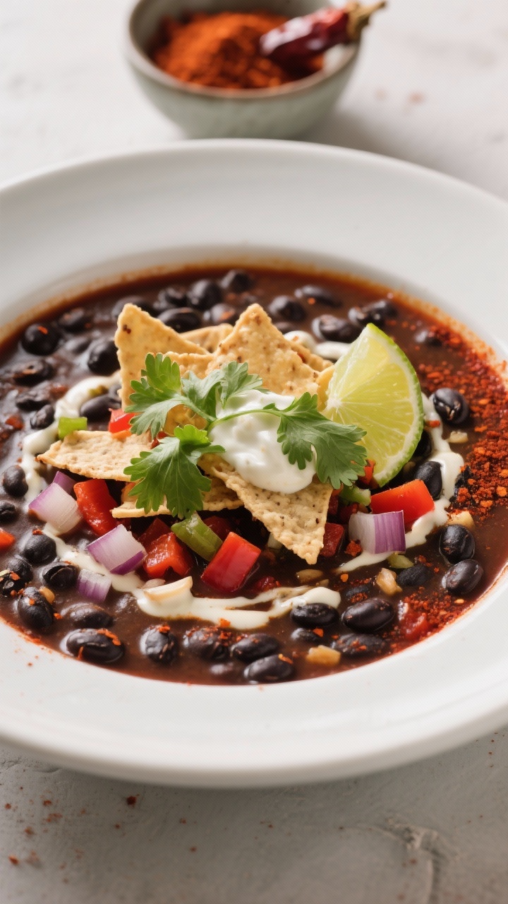 Straight-on plated shot of smoky black bean tortilla soup in a wide bowl, inky black bean broth tinted red with chili powder, cumin, and smoked paprika, visible diced onion, red bell pepper, minced garlic, and flecks of chipotle in adobo; topped with crunchy tortilla strips, lime crema drizzle, fresh cilantro, and lime wedges; a small bowl of chipotle and smoked paprika in the background for mood.