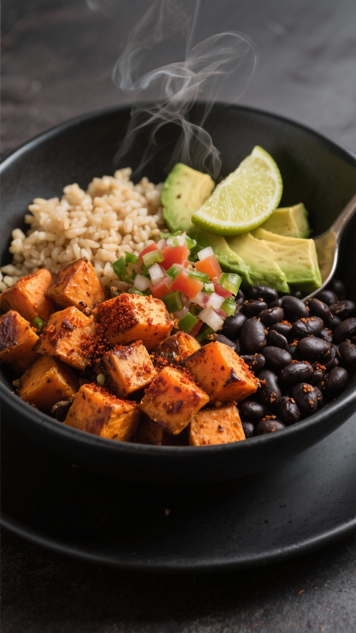 Straight-on plated smoky sweet potato and black bean burrito bowl: roasted sweet potato cubes dusted with smoked paprika and cumin, alongside black beans, a scoop of brown rice (or cauliflower rice), and a spoon of fresh pico de gallo; avocado slices and a lime wedge finish; steam rising slightly, served in a matte black bowl to emphasize warm, earthy colors.