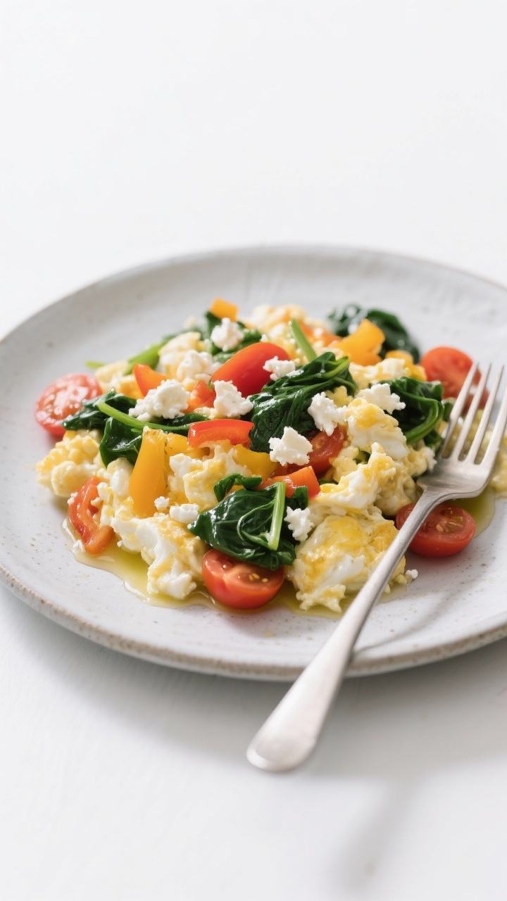 Straight-on plated veggie-packed egg white scramble with feta: fluffy, just-set egg whites folded with bright chopped bell peppers, wilted spinach, and halved cherry tomatoes, finished with crumbled feta and a glisten from a touch of olive oil; served on a matte ceramic plate with a minimal fork, clean white backdrop, vibrant colors popping, healthful, fresh mood.