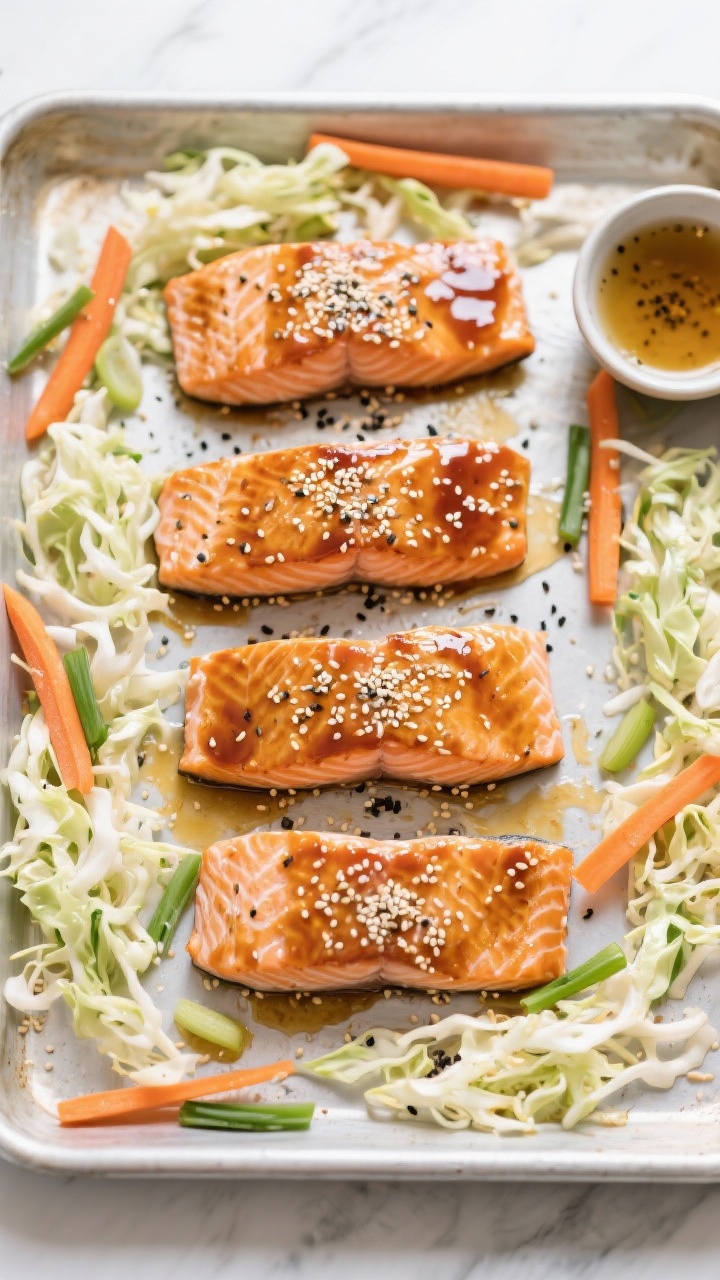 Straight-on, sheet-pan scene of sesame ginger salmon meal prep: four salmon fillets (skin-on optional) brushed with a glossy sesame-ginger glaze, sprinkled with kosher salt and black pepper, surrounded by crunchy slaw ingredients—shredded cabbage, matchstick carrots, sliced scallions—ready to be tossed; light oil sheen on the pan, sesame seeds scattered, minimal, clean styling with a small bowl of dressing to the side.