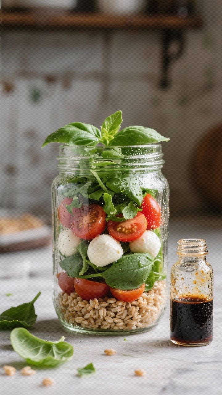Straight-on shot of a Caprese farro jar salad: layers visible through a glass jar—cooked farro at the base, baby spinach, halved cherry tomatoes, mini mozzarella balls, and chopped fresh basil; a small side vial of balsamic glaze ready to pour; condensation on the jar for freshness, set against a rustic kitchen backdrop with torn basil leaves.