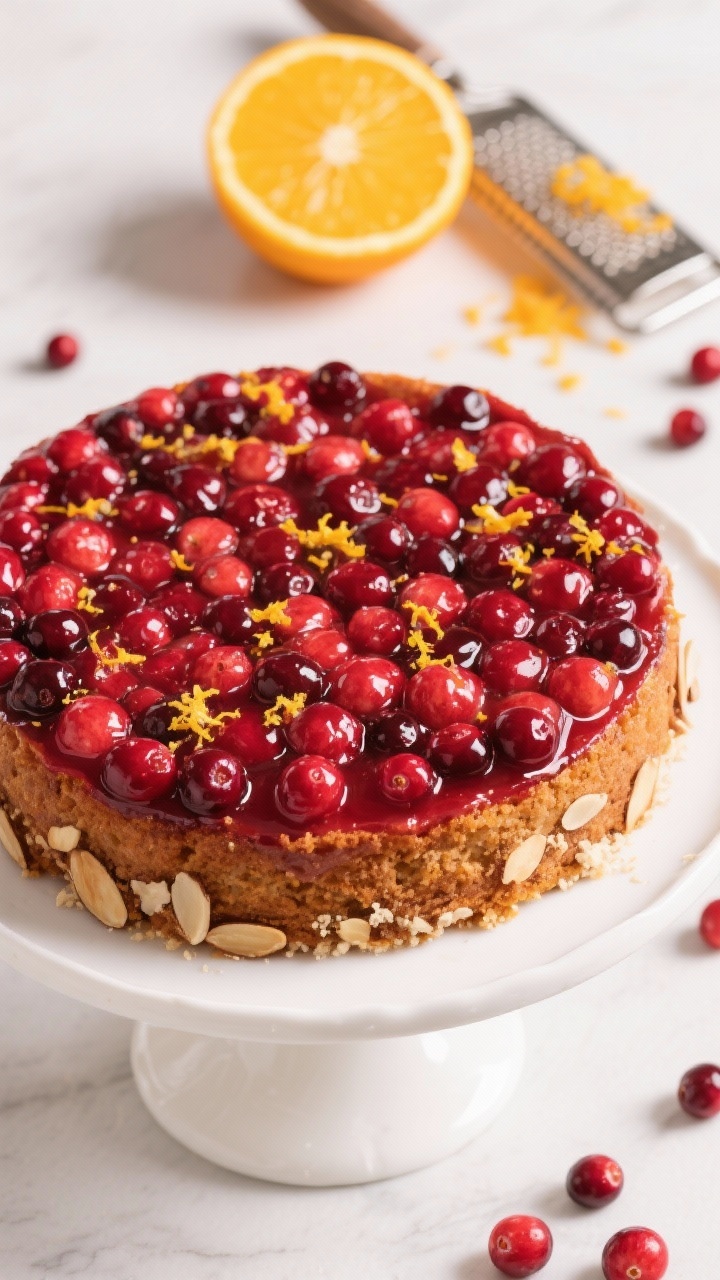 Straight-on shot of a cranberry orange upside-down cake just unmolded, showcasing a jewel-toned mosaic of cranberries glazed with butter, sugar, orange zest and juice, glistening on top; tender cake crumb with hints of almond flour and sliced almond crunch around the rim; a microplane with fresh orange zest and a halved orange in the background, vivid red and bright citrus colors, set on a white cake stand with scattered cranberries.