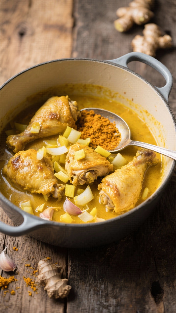 Straight-on shot of a shallow Dutch oven: one-pot turmeric coconut braised chicken thighs in a golden, velvety sauce. Visible diced yellow onion, minced garlic, grated fresh ginger strands, ground turmeric staining the sauce a deep yellow, and a hint of ground spices. Spoon resting in pot showing tender chicken partly submerged; warm, cozy, wellness-forward mood on a rustic wooden table.