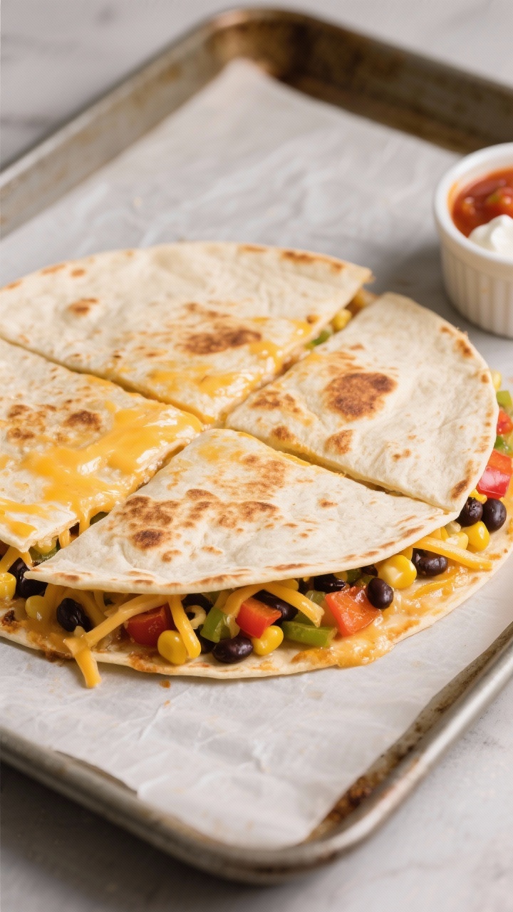 Straight-on shot of a sheet-pan quesadilla fold mid-bake: a large flour tortilla folded into quadrants, visibly stuffed with melty shredded cheese, black beans, corn, and diced bell pepper peeking from the seams, edges golden and blistered; resting on a parchment-lined sheet pan with a small ramekin of salsa and sour cream nearby; focus on gooey pull and crisp exterior.