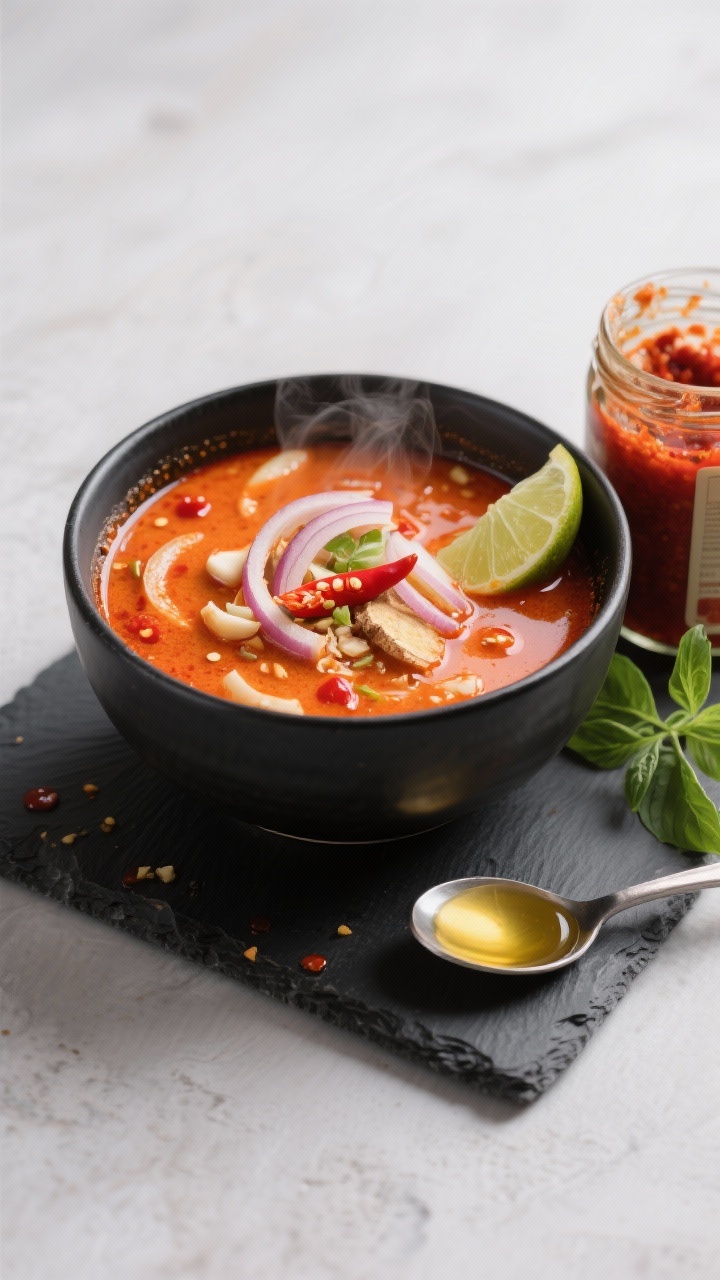Straight-on shot of a spicy Thai-inspired coconut red curry soup in a black ceramic bowl: glossy coconut broth stained vibrant red-orange from red curry paste, thinly sliced onion ribbons, minced garlic, threads of grated ginger visible; chili oil droplets on the surface, lime wedge and Thai basil to the side for mood; a jar of red curry paste and a spoon with coconut oil on a slate board; bold color contrast, modern styling, slight steam.