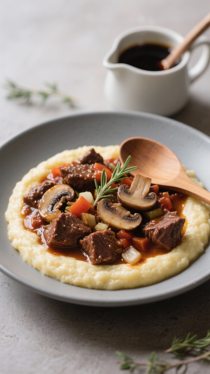 Straight-on shot of balsamic beef and mushroom ragu ladled over creamy polenta: lean beef chunks and sliced cremini mushrooms in a glossy tomato-balsamic sauce with diced onion and garlic; deep mahogany color and hearty texture; served in a shallow gray bowl with a few thyme sprigs; a small pitcher of extra balsamic reduction and a wooden spoon in frame for a refined yet approachable mood.