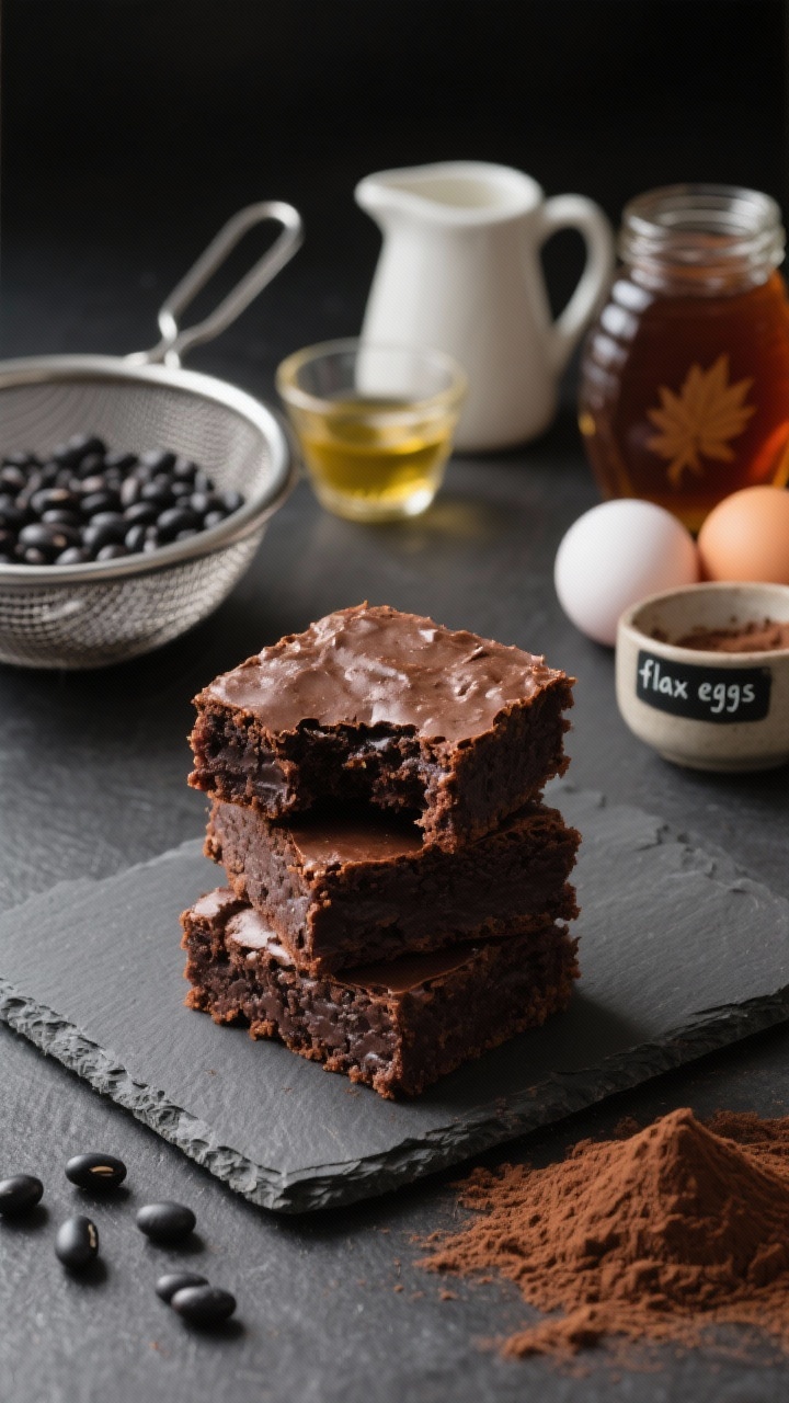 Straight-on shot of black bean protein brownies stacked on a matte slate, one piece bitten to reveal ultra-fudgy interior. Place an open, drained 15-ounce can of black beans in a sieve (rinsed) behind, a small pitcher of melted coconut oil, a jar of pure maple syrup, two eggs (and a small bowl labeled “flax eggs” as vegan option), and a mound of unsweetened cocoa powder. Dark, high-contrast styling to highlight rich chocolate depth and the stealth-legume concept.