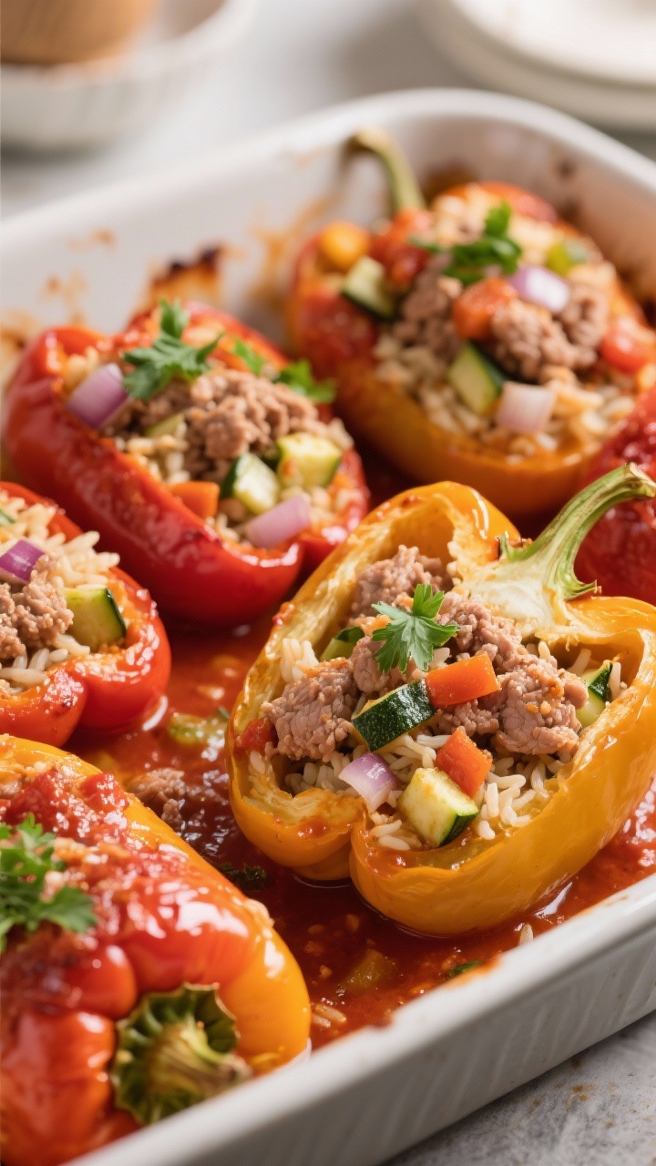 Straight-on shot of cozy turkey and veggie stuffed peppers in a baking dish: bell peppers packed with lean ground turkey, diced onion and zucchini, and cooked rice; tomato-kissed sauce clings to the filling; lightly browned tops, parsley sprinkle; one pepper cut open to reveal juicy interior; warm kitchen lighting for comfort-food mood.