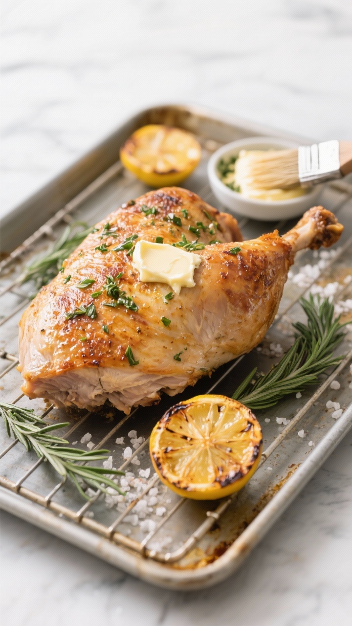 Straight-on shot of Herbed Butter Sheet-Pan Turkey Breast: bone-in turkey breast roasted to golden, crackly skin, brushed with softened butter and studded with chopped fresh rosemary; lemon halves roasted alongside, slightly charred; coarse kosher salt crystals visible; sheet pan resting on cooling rack with a small dish of herbed butter and a basting brush; clean, modern kitchen backdrop, crisp focus on juicy texture.