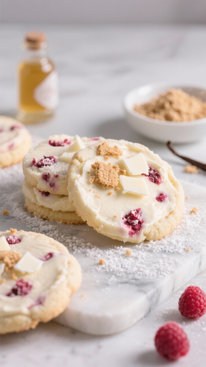 Straight-on shot of no-bake white chocolate raspberry cheesecake cookies: thick, creamy rounds made from softened cream cheese and butter, speckled with freeze-dried raspberry pieces and crowned with a few crumbs of graham cracker and shaved white chocolate; powdered sugar dusting nearby, vanilla extract bottle, graham cracker crumbs in a dish; cool, elegant styling on a marble slab with subtle pink berry hues.
