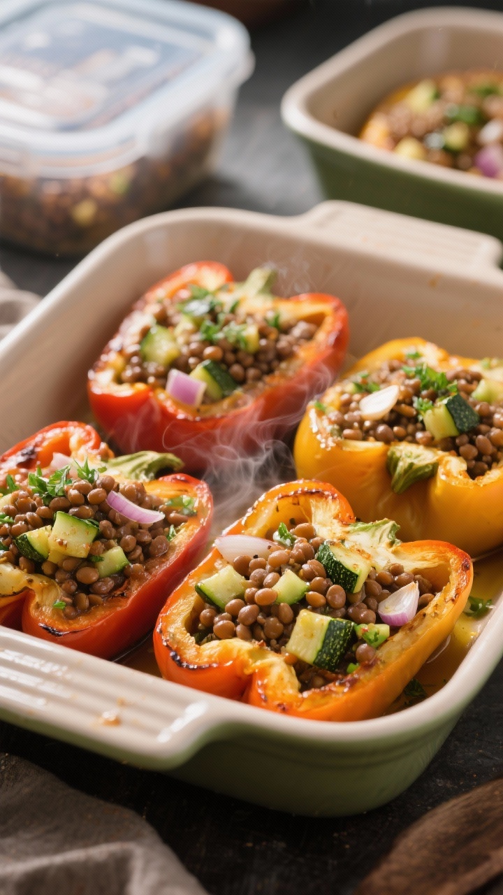 Straight-on shot of spiced zucchini and lentil stuffed peppers arranged in a baking dish: halved bell peppers filled with a savory mix of finely diced zucchini, brown lentils, sautéed onion, and minced garlic, lightly brushed with olive oil; edges just caramelized, steam visible; garnished with chopped herbs; meal-prep vibe with a second pan and lidded containers blurred in the background; warm, inviting light.