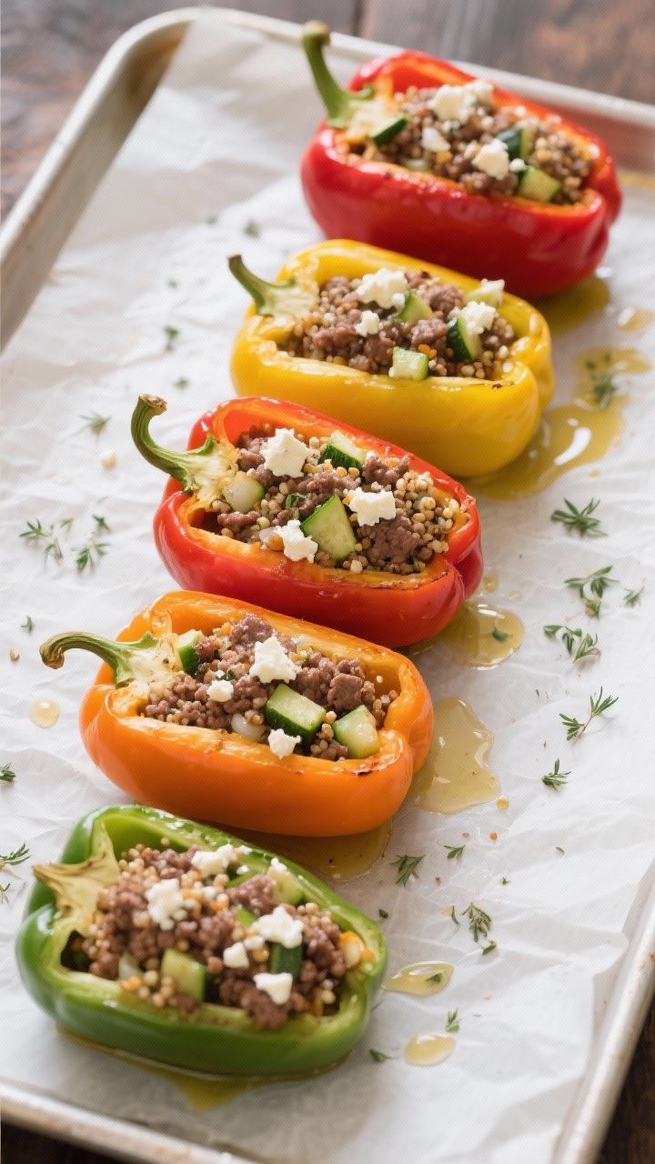 Straight-on shot of stuffed bell peppers: four colorful peppers (red, yellow, orange, green) standing upright, filled with a lean ground beef, quinoa, diced zucchini, onion, garlic, oregano mixture, topped with crumbled feta; lightly browned edges, juices pooling on a parchment-lined baking tray; olive oil sheen, sprinkled dried oregano visible; clean, appetizing, family-style presentation.