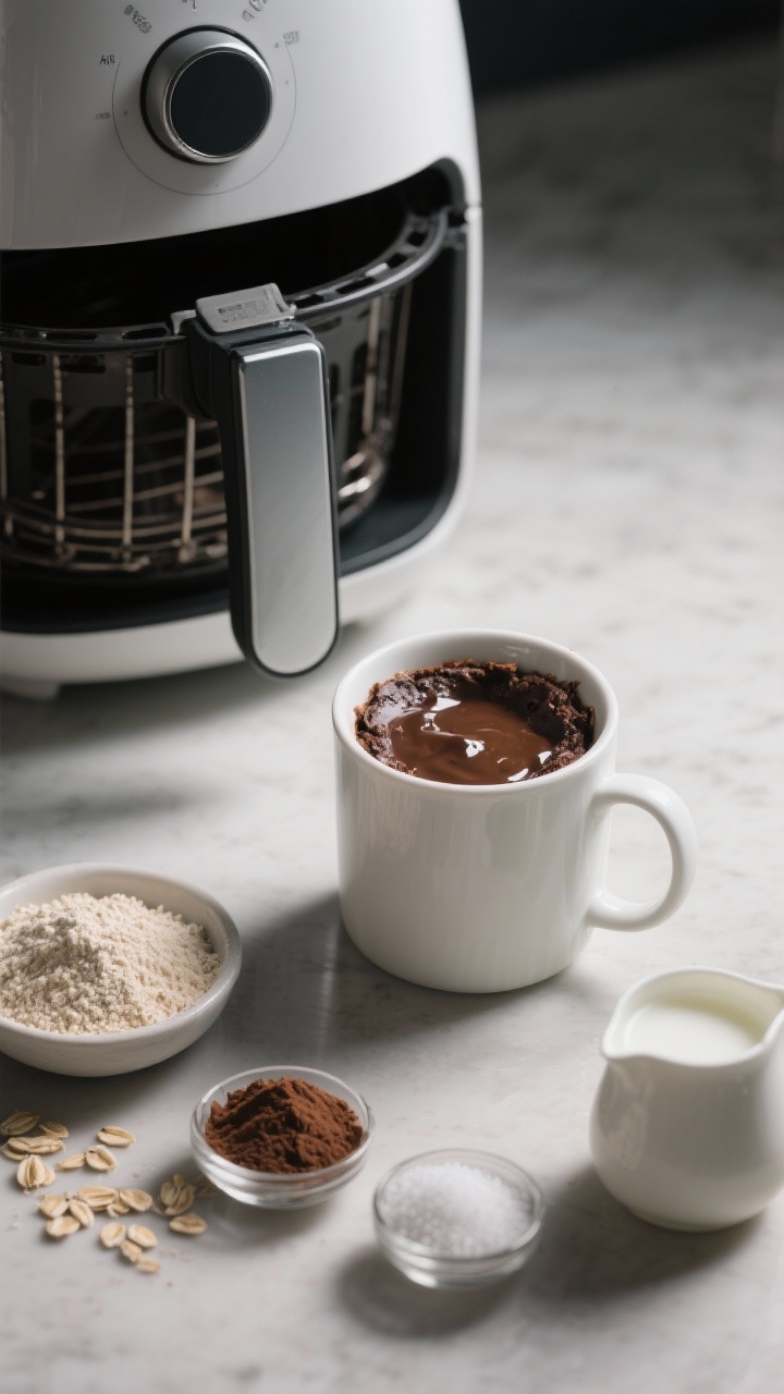 Straight-on, single-serving air fryer mug brownie: a white ceramic mug filled with a just-cooked, puffed brownie, molten center slightly glossy. Place it beside a compact air fryer with the basket partially open. Ingredients neatly set around: oat flour in a tiny dish, cocoa powder, granular sweetener, pinch of salt, baking powder, and a small pitcher of milk. Midnight snack atmosphere with soft side lighting and a minimalist countertop.