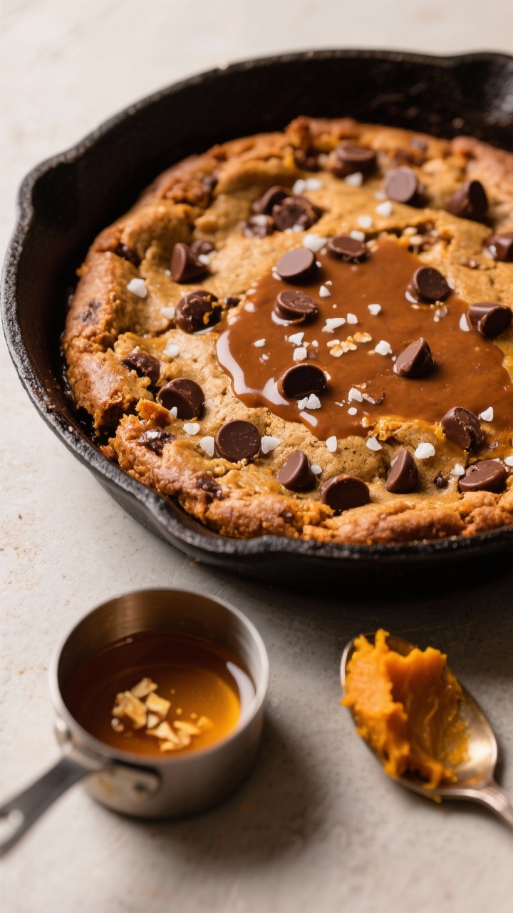 Straight-on skillet hero shot of a Fudgy Chocolate Chip Pumpkin Skillet Cookie with Brown Butter: cast-iron pan filled edge-to-edge with a gooey pumpkin cookie, molten chocolate chips puddling on top, edges caramelized; a small saucepan of browned butter with toasted milk solids sits to the side, along with a spoonful of pumpkin puree; a few flakes of sea salt over the cookie, warm tungsten-style lighting for irresistible coziness.