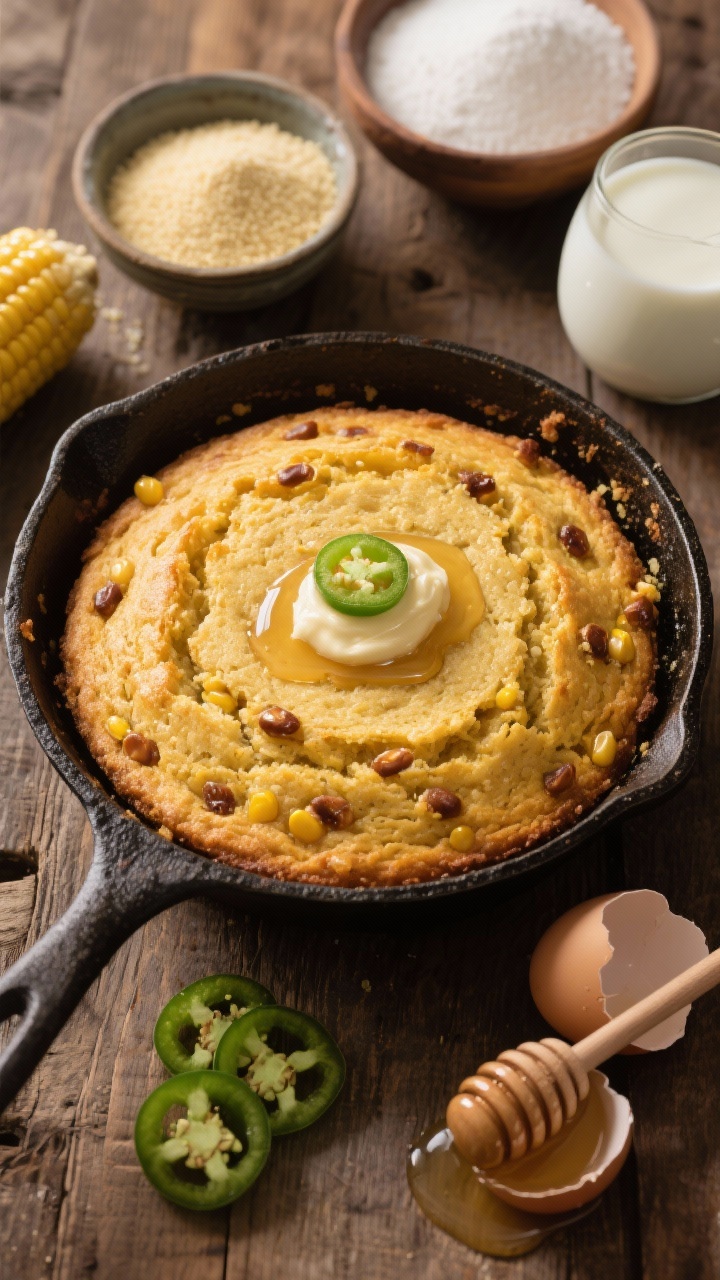 Straight-on skillet scene of Cornbread just out of the oven: golden, craggy top with browned corn kernels baked in, a pat of melting jalapeño honey butter pooling and glistening at the center. Cast-iron skillet on a rustic table; nearby bowls display fine cornmeal, all-purpose flour, granulated sugar, baking powder, baking soda, kosher salt, buttermilk, and cracked eggs. Sliced fresh jalapeño rings and a honey dipper complete the setup. Warm, directional light to highlight texture.