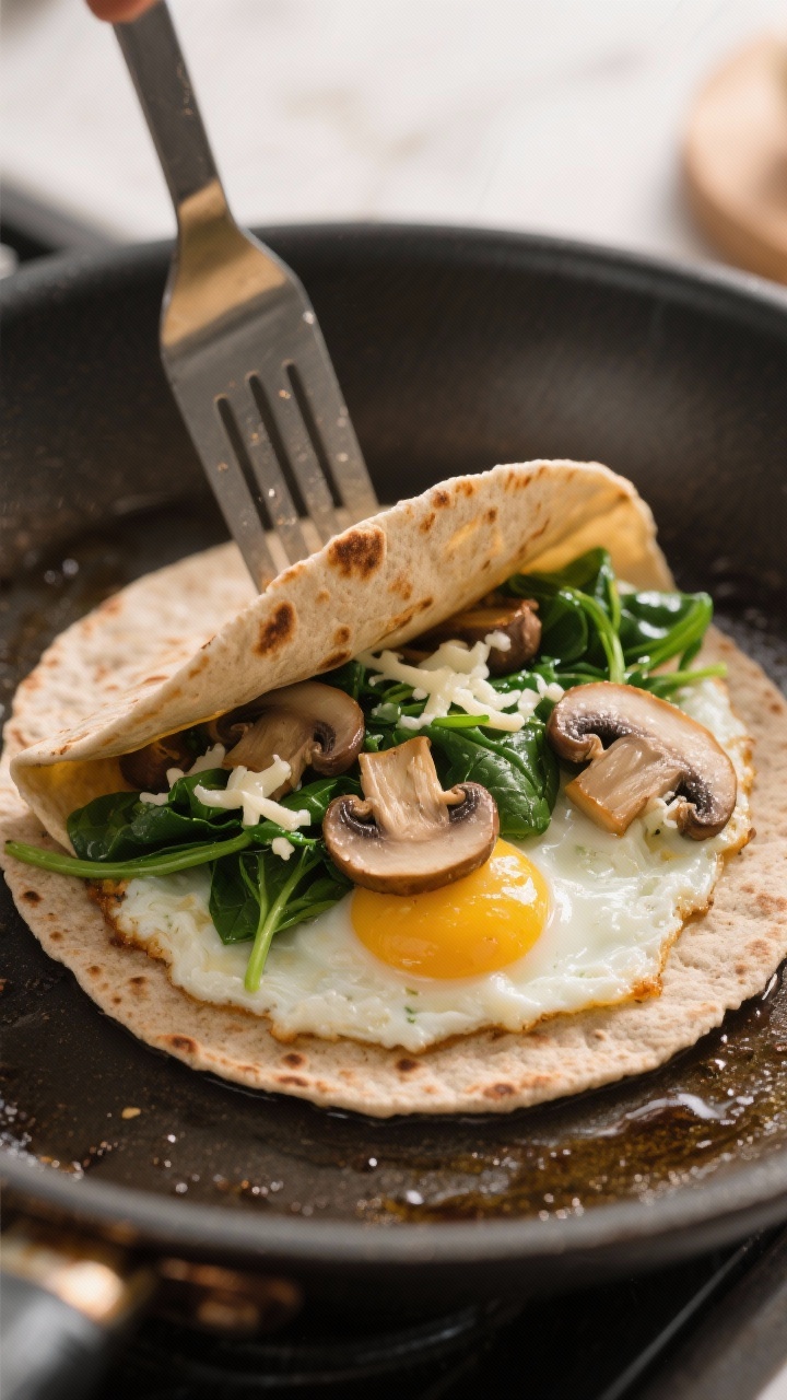 Straight-on skillet shot of a mushroom and spinach breakfast quesadilla in progress: a small 6-inch whole-wheat tortilla in a lightly oiled pan, filled with sautéed sliced mushrooms, wilted spinach, soft scrambled egg whites, and a modest sprinkle of part-skim mozzarella just melting; edges turning lightly crisp, a spatula lifting one side, warm directional light.
