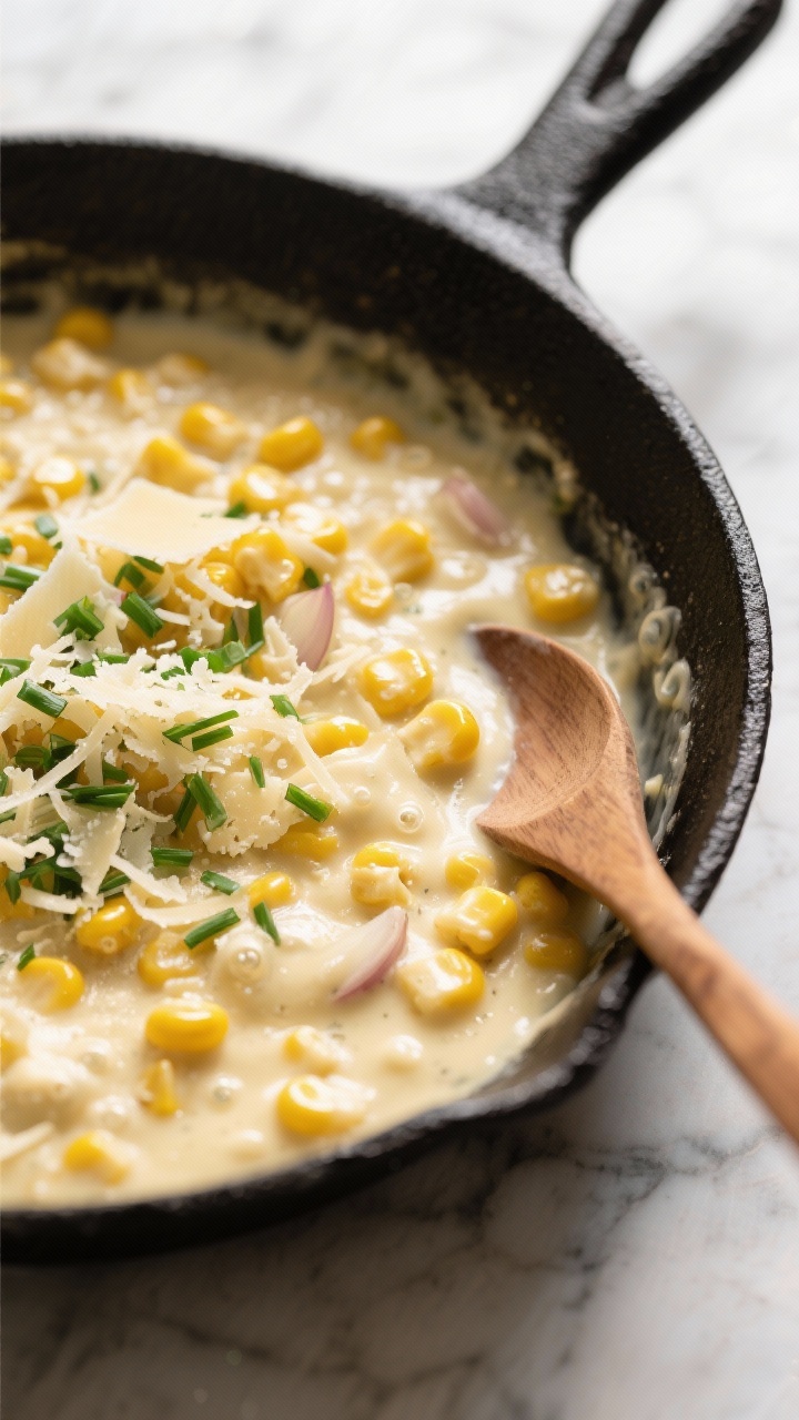 Straight-on skillet shot of creamed corn with Parmesan and chives: plump corn kernels suspended in a rich cream and whole milk sauce, butter sheen, minced shallot and garlic melting into the base; grated Parmesan folded in creating silky strands, topped with a shower of fresh chives; gentle bubbles at the edge of a black cast-iron skillet, set on a marble surface with a wooden spoon.
