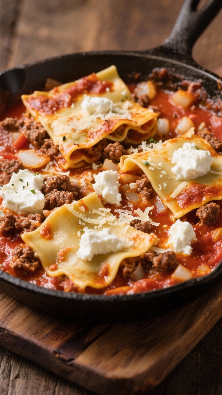 Straight-on, skillet-to-table shot of beef and cottage cheese lasagna skillet: broken lasagna noodles nestled in a rich tomato base with lean ground beef, diced onion, garlic, and Italian seasoning; dollops of cottage cheese melting into pockets, a light scatter of Parmesan on top; edges slightly caramelized; served in a cast-iron skillet on a rustic wooden board; warm, cozy lighting emphasizing bubbling sauce and noodle texture.