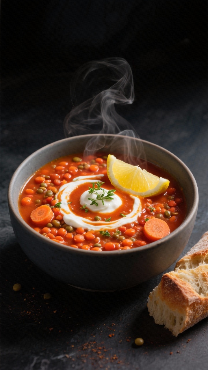 Straight-on soup portrait: Spiced lentil and carrot soup with lemon yogurt in a deep bowl. Warm orange-red broth from tomato paste, cumin, coriander, and smoked paprika; tender red lentils and carrot rounds visible. Swirl of tangy lemon yogurt on top, sprinkle of herbs and a wedge of lemon on the rim. Steam rising, crusty bread on the side, moody dark background to emphasize color.
