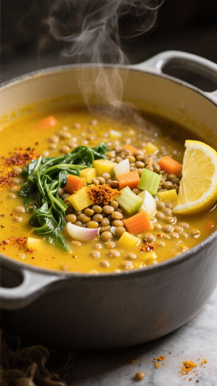 Straight-on steaming pot shot: Spicy turmeric lentil soup mid-simmer in a matte Dutch oven—golden broth tinted by 1 tsp turmeric with visible diced yellow onion, carrots, celery, and minced garlic; surface speckled with cumin and a hint of smoked paprika; tender lentils suspended, ribbons of greens just wilted; a wedge of lemon on the side suggesting a finishing squeeze; gentle steam rising, warm cozy lighting, minimal props, focus on the soup’s rich color and hearty texture.