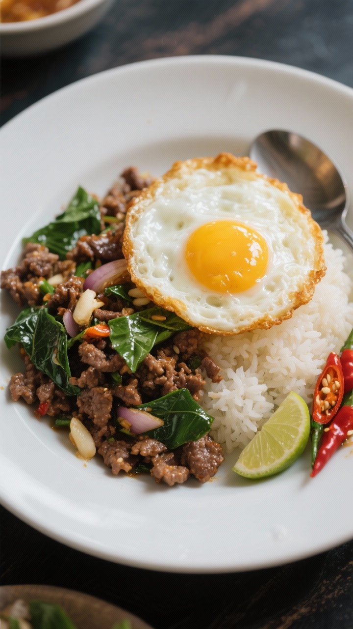 Straight-on street-food vibe for Thai Basil Beef (Pad Gra Prow) with Fried Egg: intensely savory ground beef stir-fried with minced garlic, sliced shallot, Thai chilies, low-sodium soy and fish sauce, glossy and speckled with torn Thai basil leaves; spooned over jasmine rice with a crispy-edged fried egg on top, runny yolk ready to break, lime wedge and extra chilies on the side, high-contrast, punchy color.