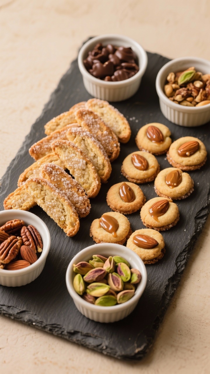 Straight-on, tight composition of a Nutty & Nice sweet-salty board: 16 pecan sandies dusted with sugar, 16 almond biscotti (mini) leaning in clusters, 12 caramel thumbprint cookies with glossy centers, and small ramekins filled with chocolate-covered almonds, candied pecans, and pistachios in shell for visual drama; matte slate board, warm neutral tones, soft side lighting emphasizing textures.