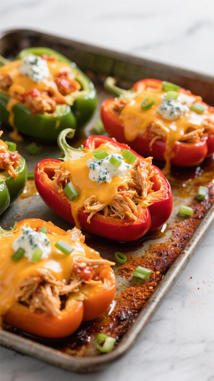 Straight-on tray bake: cheesy buffalo chicken stuffed peppers, halved bell peppers overflowing with shredded chicken tossed in Frank’s-style hot sauce and melted butter, seasoned with garlic and onion powder and a hint of smoked paprika. Topped with bubbling melted cheese, garnished with thinly sliced green onions and a drizzle of ranch or blue cheese. Vivid orange-red filling against green and red pepper shells; game-day boldness, ultra appetizing.