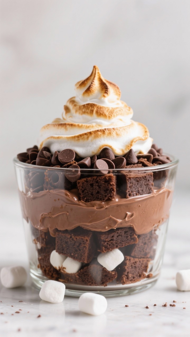 Straight-on trifle hero shot in a clear glass bowl: layers of chocolate cake cubes, silky instant chocolate pudding, mini chocolate chips, and a towering swirl of toasted marshmallow topping (from a jar of marshmallow creme), edges kissed with golden brown; a few extra mini marshmallows scattered at the base; rich, indulgent mood with controlled highlights to show texture and depth.