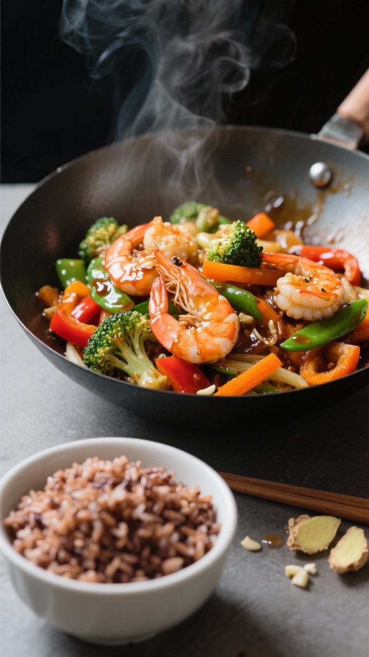 Straight-on wok action shot: Ginger-garlic shrimp stir-fry with large shrimp lightly glossed from a cornstarch toss, seared just opaque, tossed with rainbow vegetables (broccoli, bell peppers, snap peas or carrots suggested) in a shiny sauce of low-sodium soy/tamari, rice vinegar, and honey, fragrant with freshly grated ginger and minced garlic. Served alongside a bowl of fluffy brown rice. Sauce clings and drips slightly, high-contrast lighting to catch shine and steam, minimal props for a clean, modern Asian-inspired aesthetic.