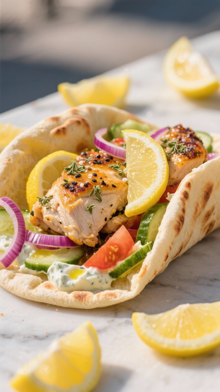 Street-food style straight-on shot of Greek Lemon Chicken Pitas: juicy thigh pieces marinated with kosher salt, black pepper, dried oregano, minced garlic, low-sodium chicken broth, and lots of fresh lemon juice, finished with a touch of olive oil; stuffed into warm pitas with red onion, tomato, cucumber, and tzatziki; bright, sunlit Mediterranean vibe, lemon wedges scattered.