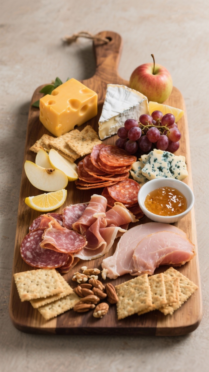 Wide overhead of a no-cook Thanksgiving charcuterie board: aged cheddar, brie wedge, and blue or goat cheese; folds of prosciutto, salami, and turkey pepperoni; grapes and sliced pears/apples tossed in lemon; crackers, nuts, and a small dish of honey or jam; arranged with balanced negative space on a large wooden board; soft holiday ambiance, crisp detail on textures.